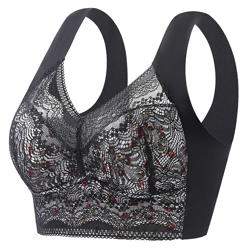 Plus Size Floral Print Lace Mesh Minimizer Wireless Bra NewGew