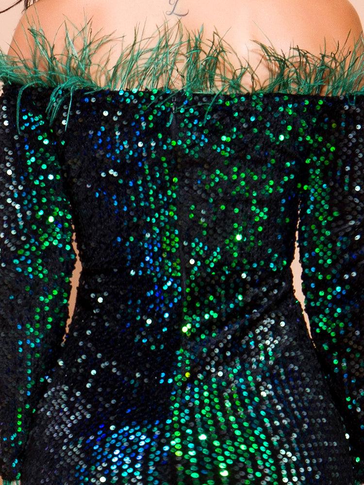 Emerald Green Feathered Mermaid Sequins Dress Newgew