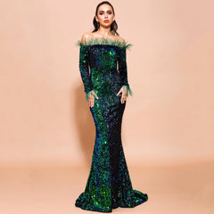 Emerald Green Feathered Mermaid Sequins Dress Newgew