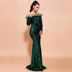 Emerald Green Feathered Mermaid Sequins Dress Newgew