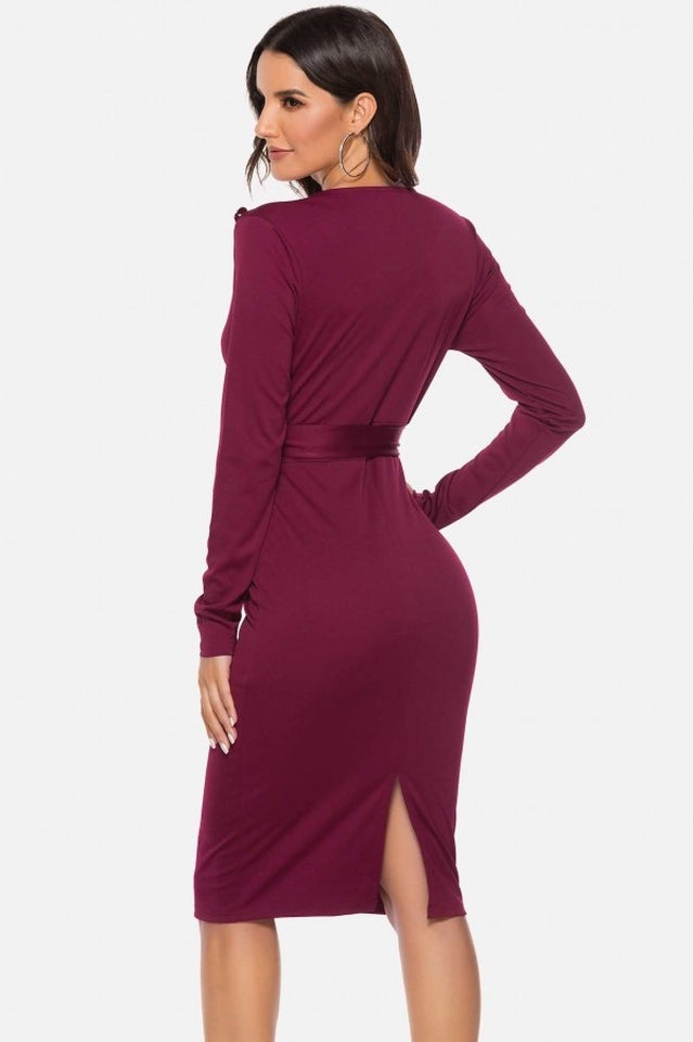 V Neck Wrap Tied Waist Slit Dress Newgew