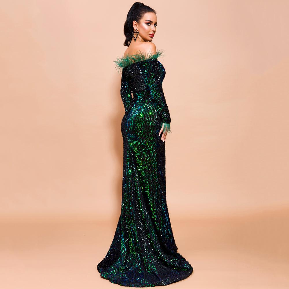 Emerald Green Feathered Mermaid Sequins Dress Newgew