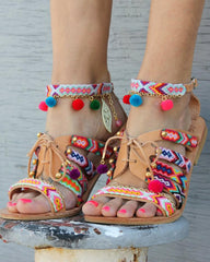 Ethnic Style Pom Pom Lace-up Casual Flat Sandals Newgew