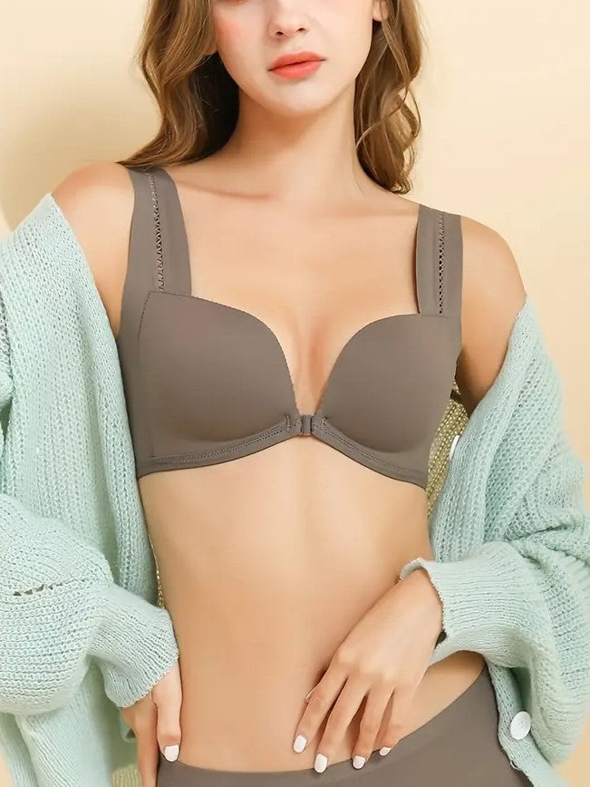 Front Closure Wide Strap Push-Up Wireless Bra Brown NewGew