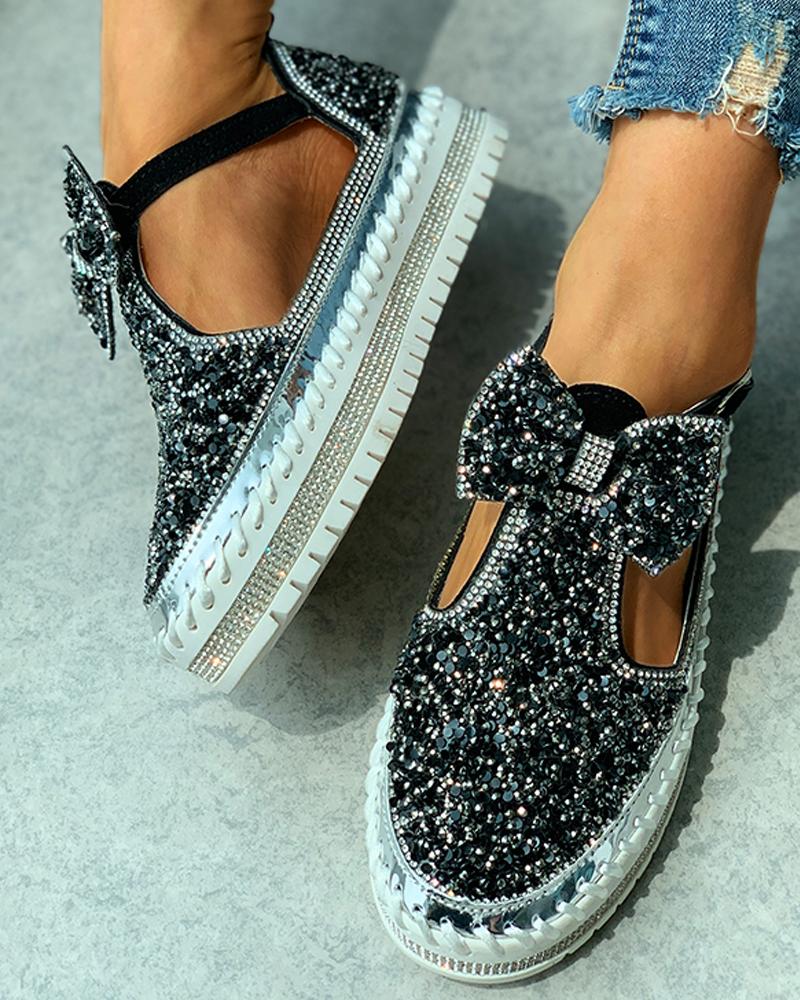 Studded Bowknot Cutout Casual Shoes Newgew