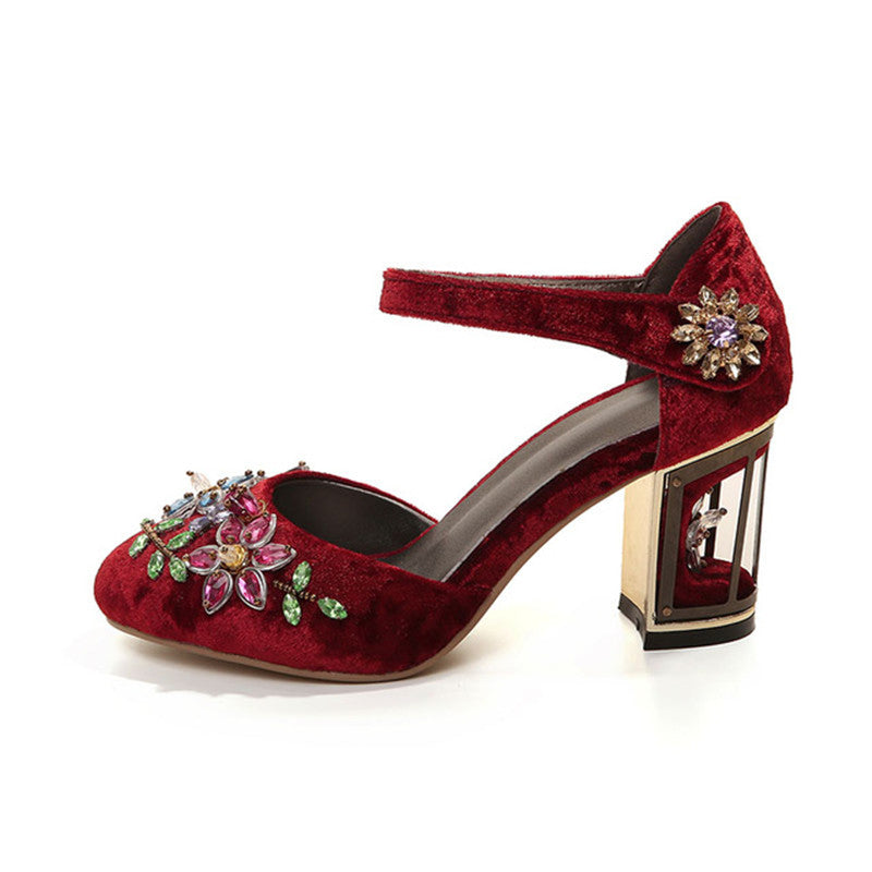 Vintage Handmade Mary Jane Pumps Heels with Rhinestone Decoration Newgew