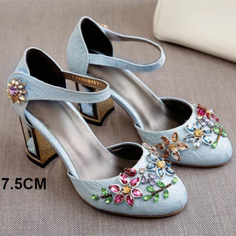 Vintage Handmade Mary Jane Pumps Heels with Rhinestone Decoration Newgew