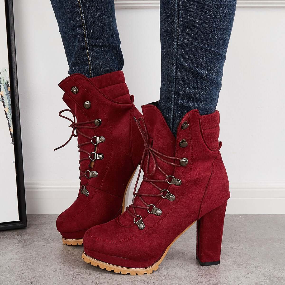 Non Slip Chunky Platform High Heels Lace Up Ankle Boots Pairmore