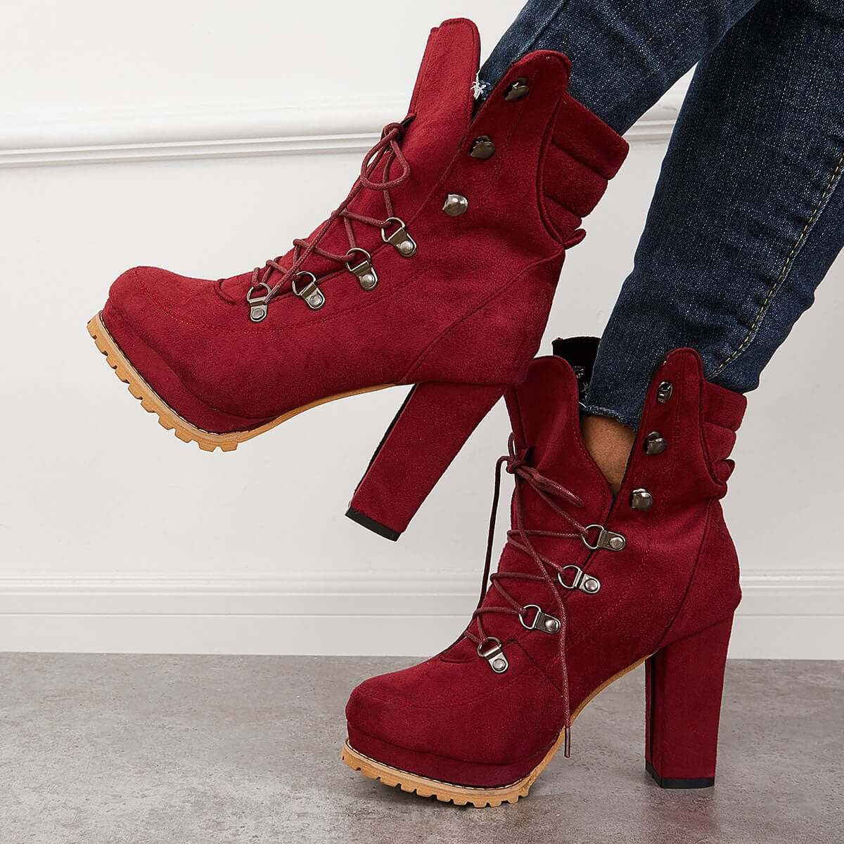 Non Slip Chunky Platform High Heels Lace Up Ankle Boots Pairmore