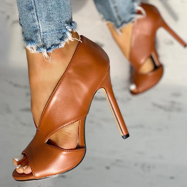 Solid Peep Toe Cut Out PU Thin Heels Pairmore