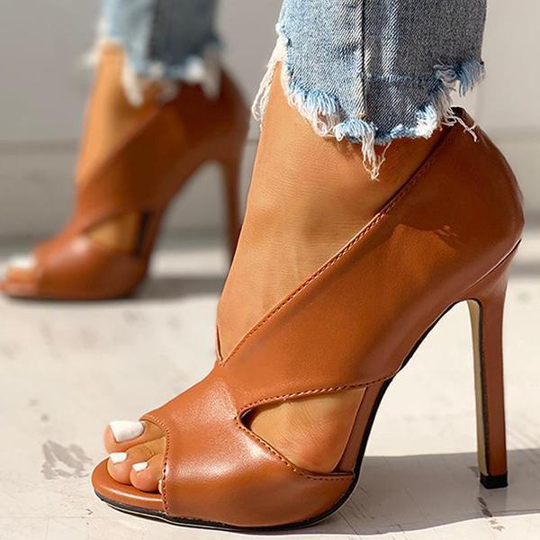 Solid Peep Toe Cut Out PU Thin Heels Pairmore
