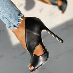 Solid Peep Toe Cut Out PU Thin Heels Pairmore