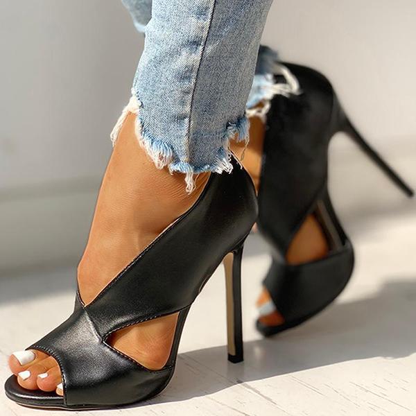 Solid Peep Toe Cut Out PU Thin Heels Pairmore