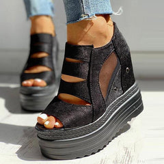 Side Zipper Peep Toe Patchwork Platform Sandals Pairmore