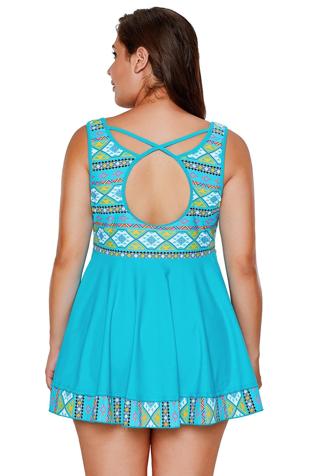 Turquoise Tribal Print Swim Dress With Shorts Newgew