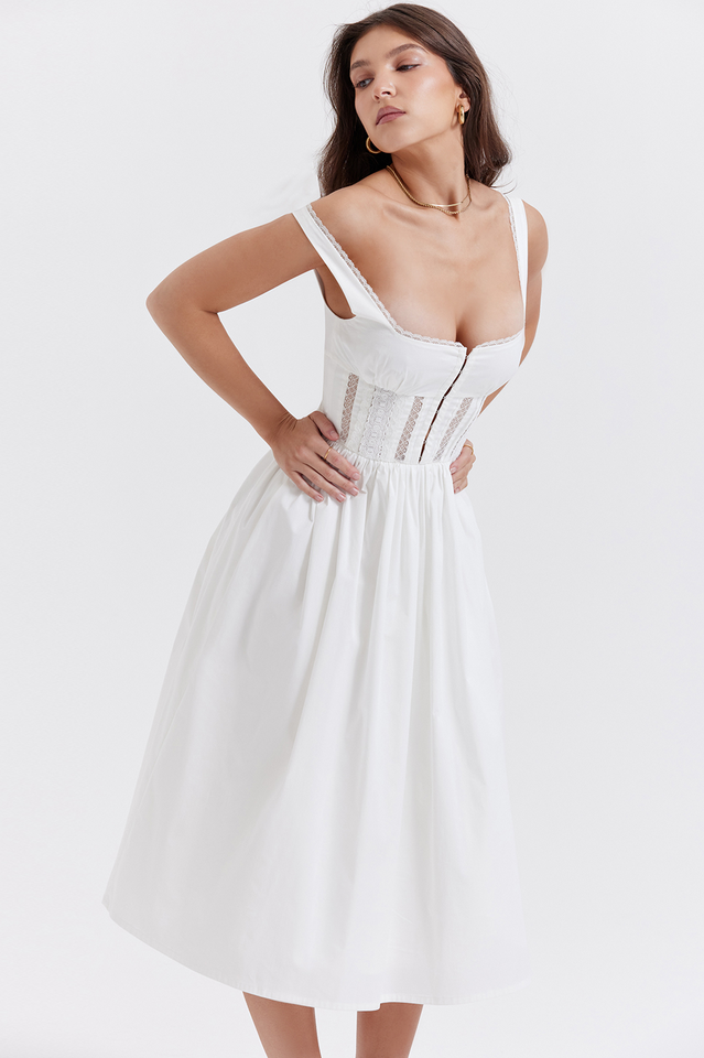 White Lace Trim Midi Dress Newgew