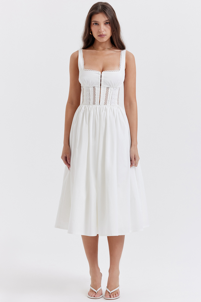 White Lace Trim Midi Dress Newgew