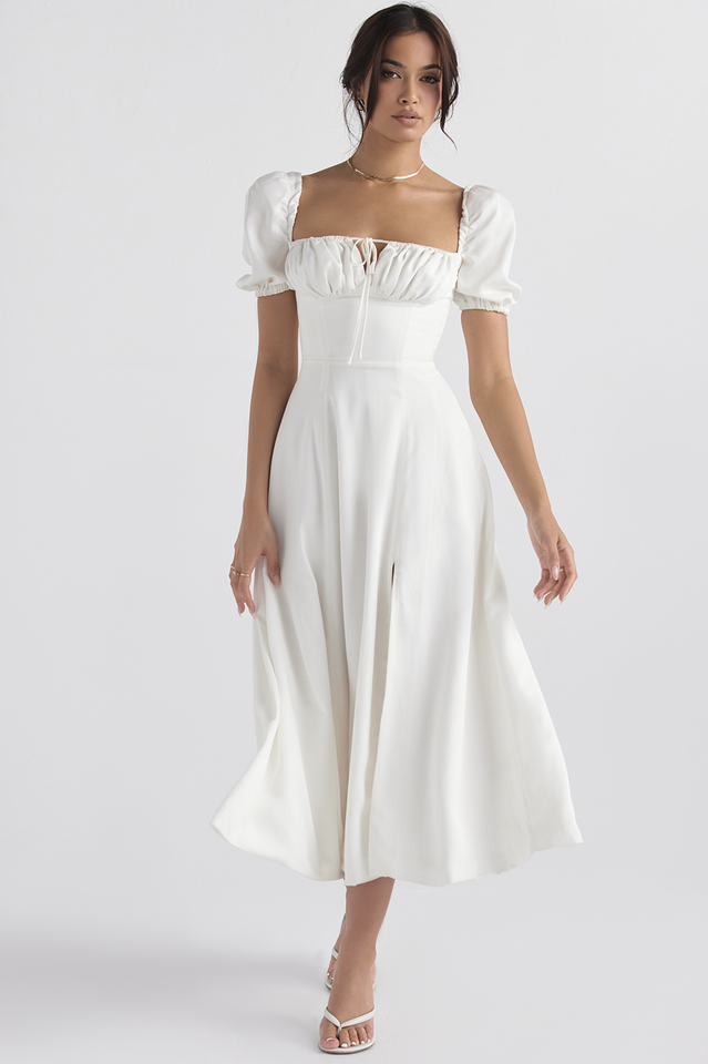 Tallulah White Puff Sleeve Midi Dress Newgew
