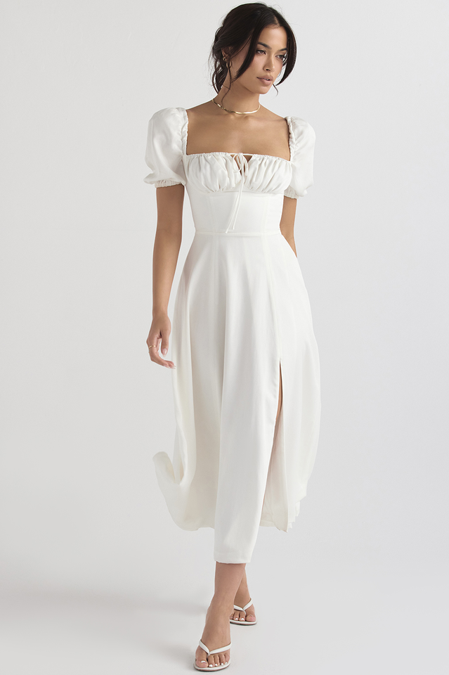 Tallulah White Puff Sleeve Midi Dress Newgew