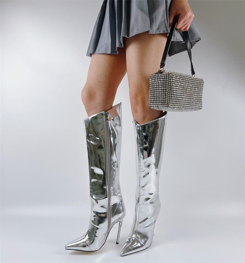 Metallic Leather Heels Boots Newgew