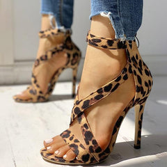 Leopard Faux Suede Crisscross Zipper Back Thin Heels Pairmore