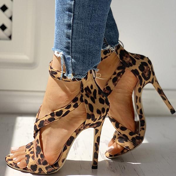 Leopard Faux Suede Crisscross Zipper Back Thin Heels Pairmore