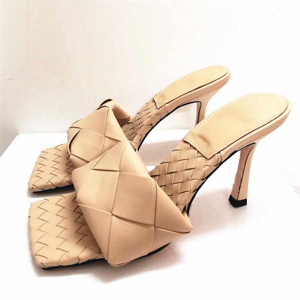 Square Open Toe Heeled Woven Leather Mule Slip On Quilted High Heels Pairmore