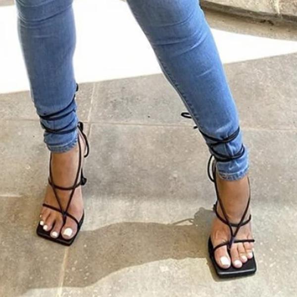 Lace-Up Open Squared Toe Thong Strap Heels Pairmore