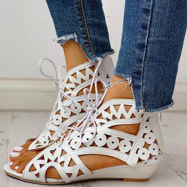 Hollow Out Lace-Up Pu Wedge Sandals Pairmore
