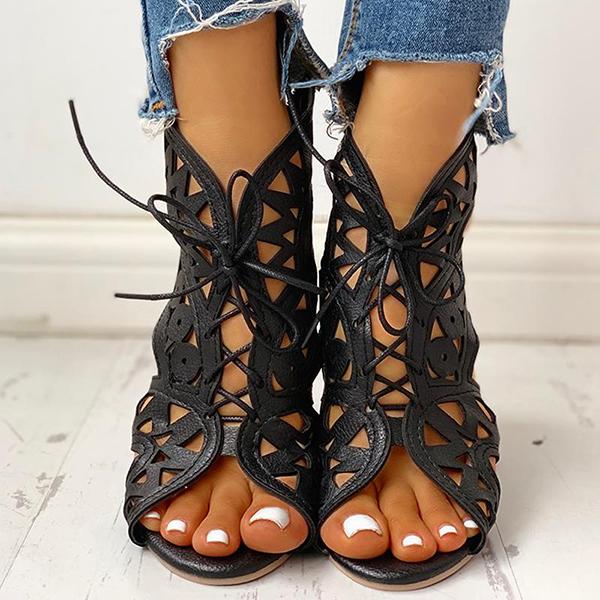 Hollow Out Lace-Up Pu Wedge Sandals Pairmore