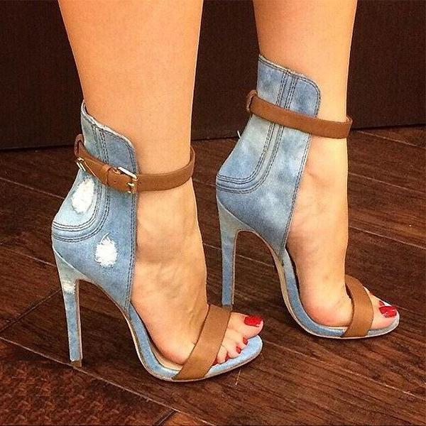 Denim Cloth Open-Toe Ankle Strap Stiletto Heels Pairmore