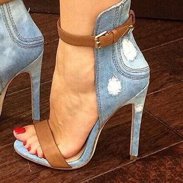 Denim Cloth Open-Toe Ankle Strap Stiletto Heels Pairmore