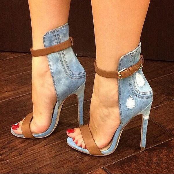 Denim Cloth Open-Toe Ankle Strap Stiletto Heels Pairmore