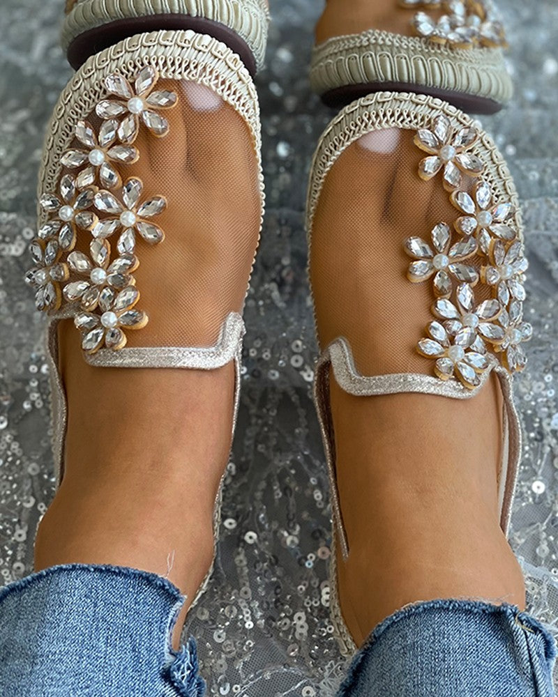Studded Floral Pattern Sheer Mesh Casual Shoes Newgew