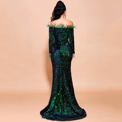 Emerald Green Feathered Mermaid Sequins Dress Newgew