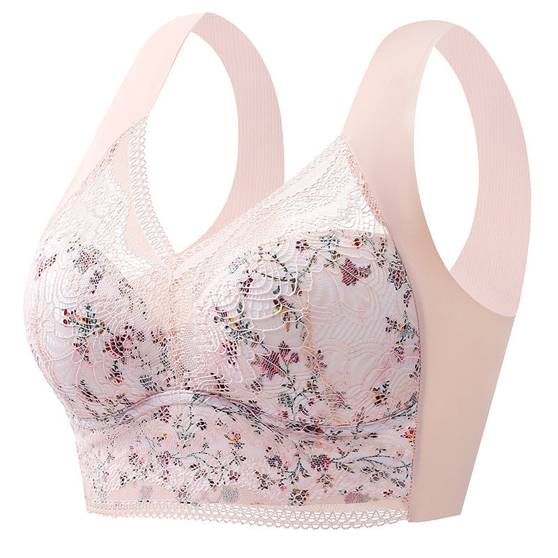 Plus Size Floral Print Lace Mesh Minimizer Wireless Bra NewGew