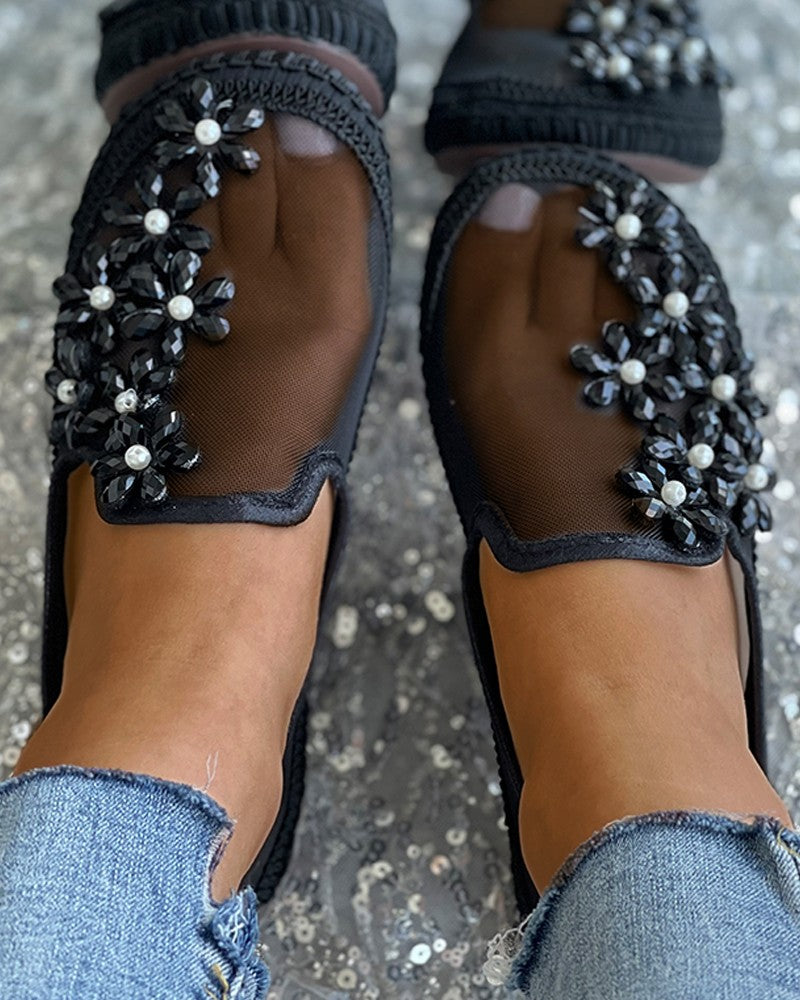 Studded Floral Pattern Sheer Mesh Casual Shoes Newgew