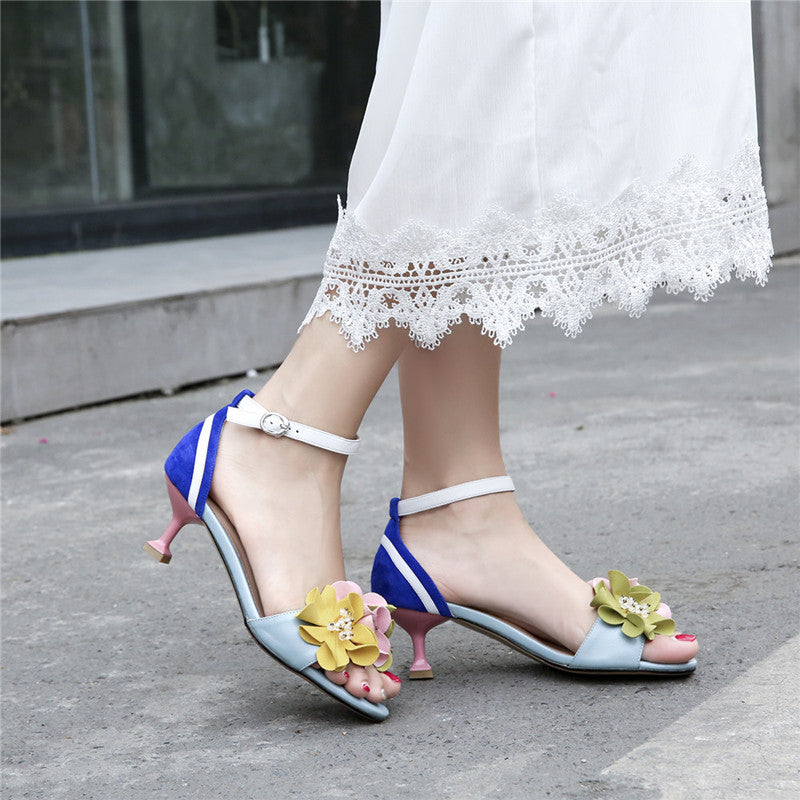 Handmade Ankle Strap Heeled Sandals with Flower Decoration Newgew