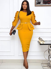 Office Lady Ruffle Long Sleeve Peplum Waist Pencil Dresses Newgew