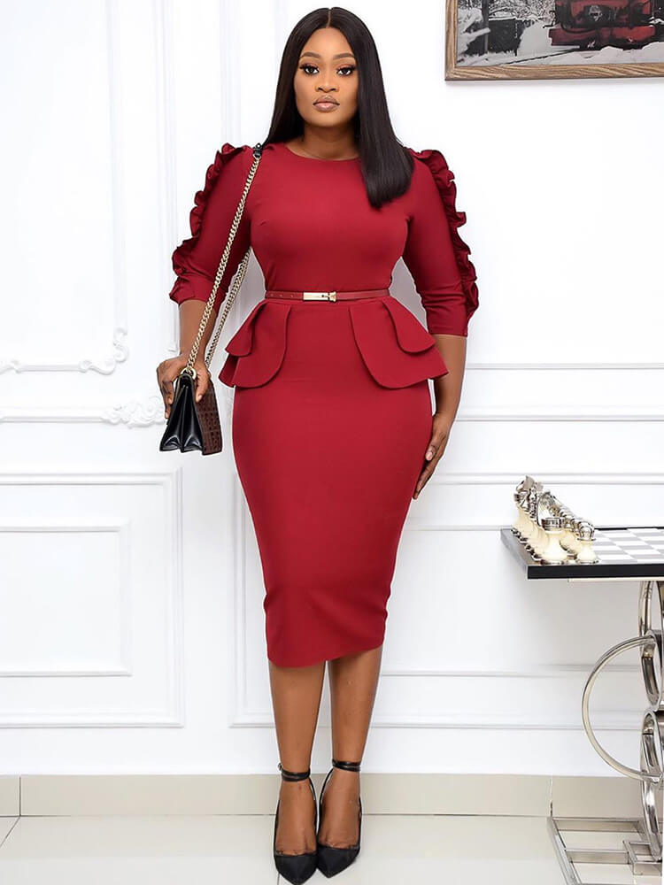 Office Lady Ruffle Long Sleeve Peplum Waist Pencil Dresses Newgew