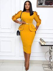 Office Lady Ruffle Long Sleeve Peplum Waist Pencil Dresses Newgew