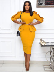 Office Lady Ruffle Long Sleeve Peplum Waist Pencil Dresses Newgew