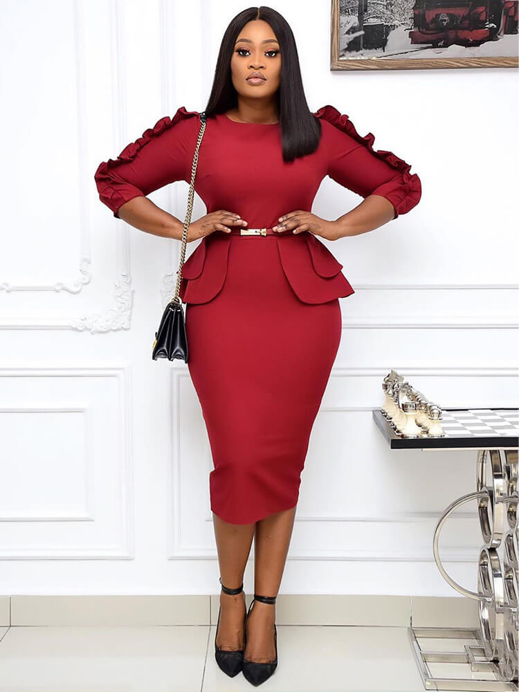 Office Lady Ruffle Long Sleeve Peplum Waist Pencil Dresses Newgew