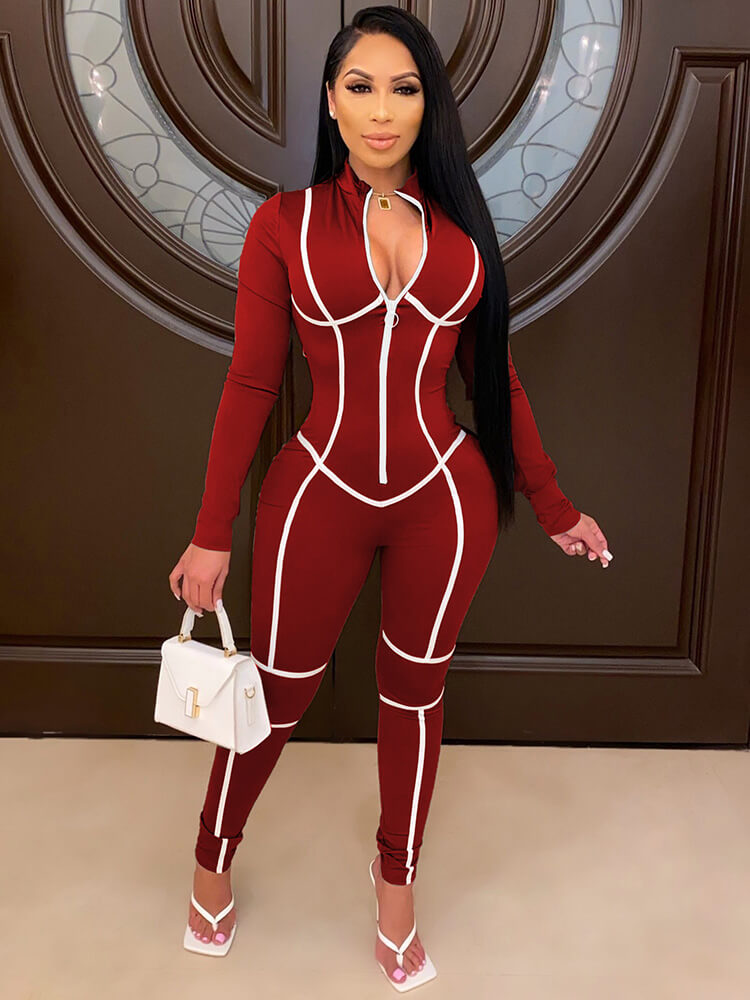 One Piece Long Sleeve Zipper Bodycon Jumpsuits Newgew