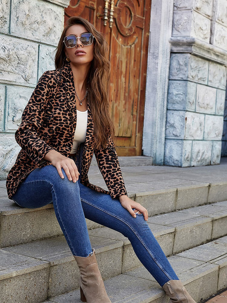 Office Long Sleeve Leopard Open Front Blazer Newgew