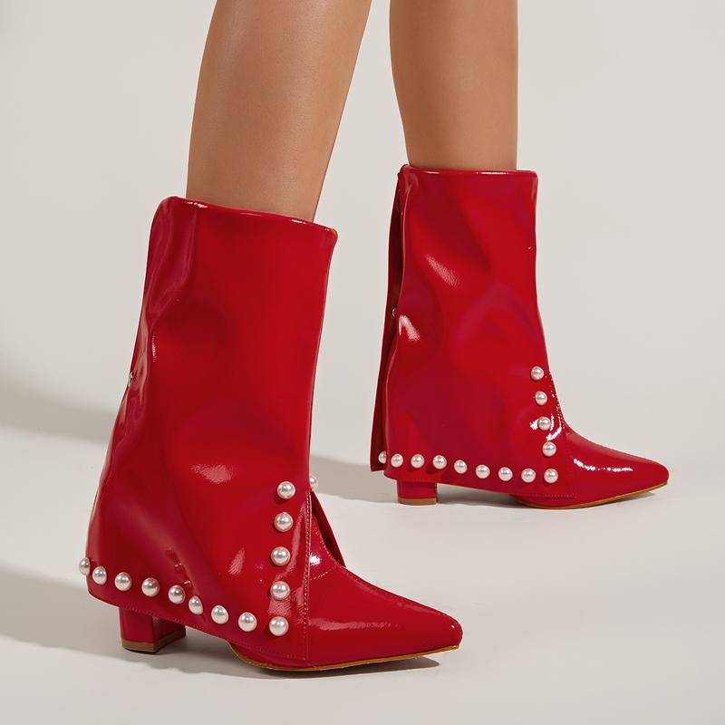 Pointed Toe Thick Heel Red Pearl Boots Newgew