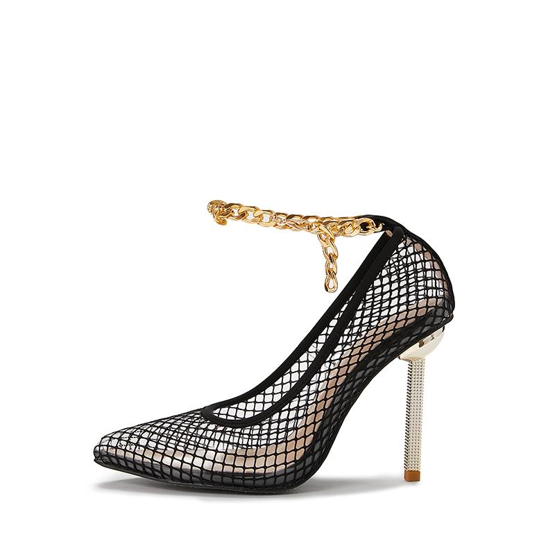 Transparent Net Pointed Toe Chain Fine High Heels Newgew