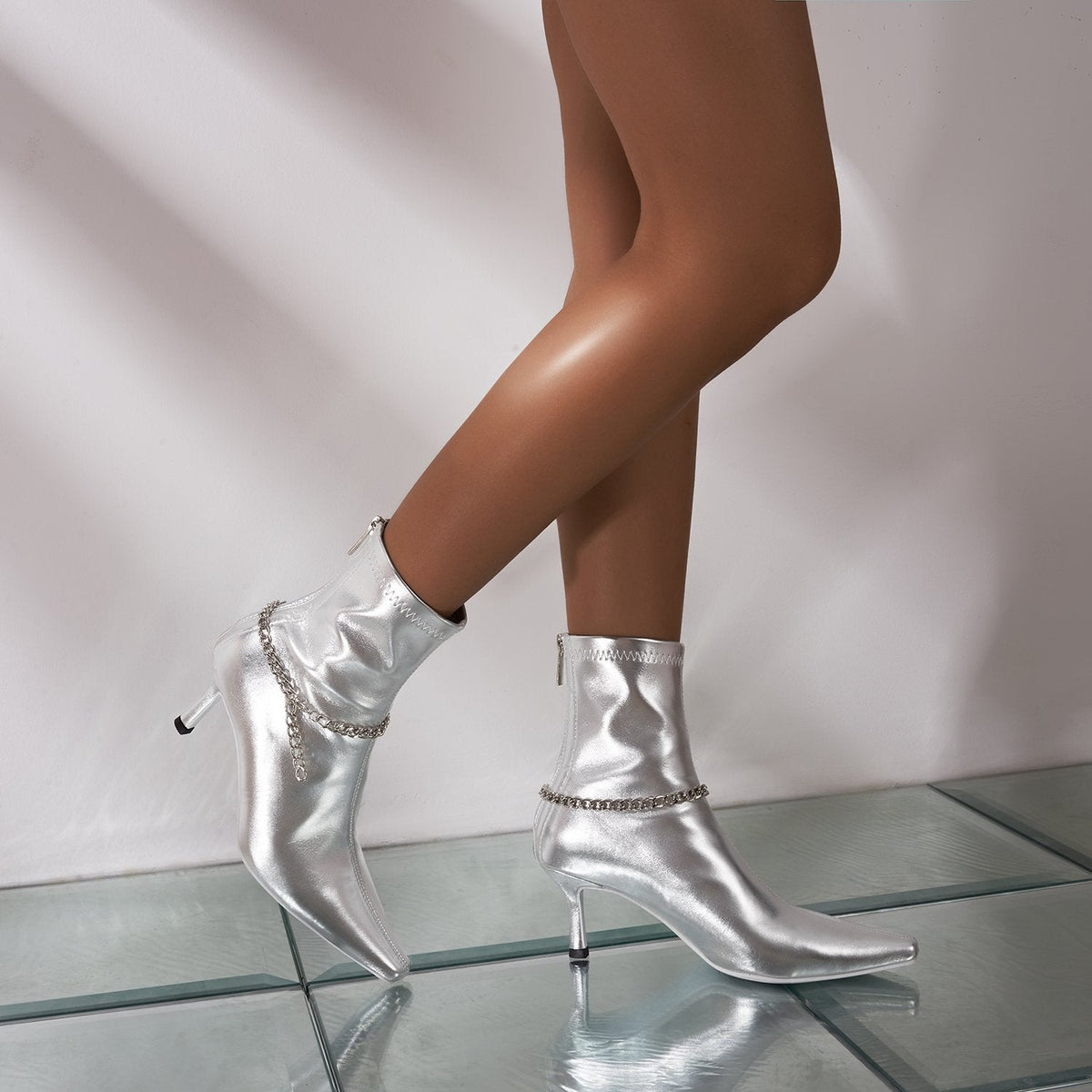 Pointed Toe Chain High-heeled Boots Newgew-fb