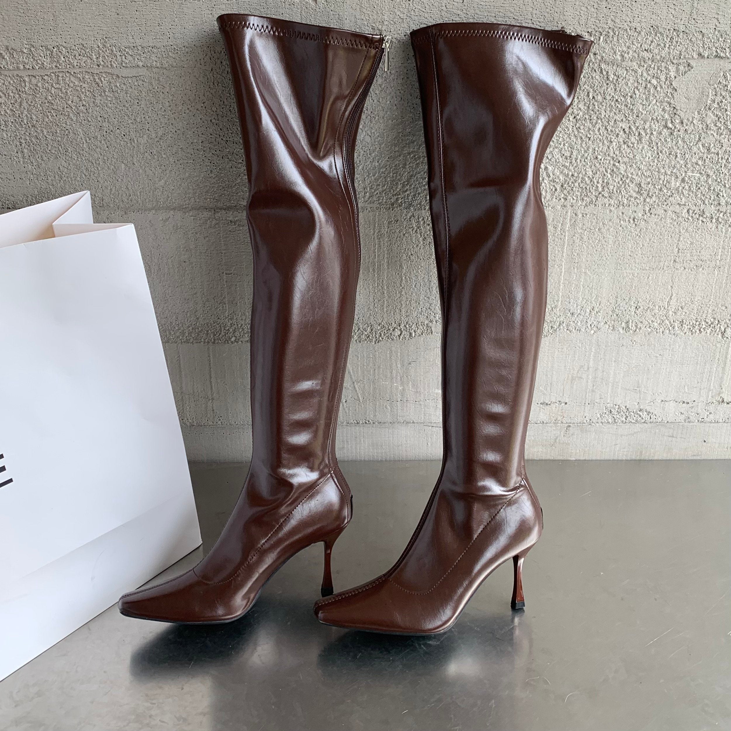 Shiny Leather Pointed Toe Stiletto Over-the-knee Boots Newgew