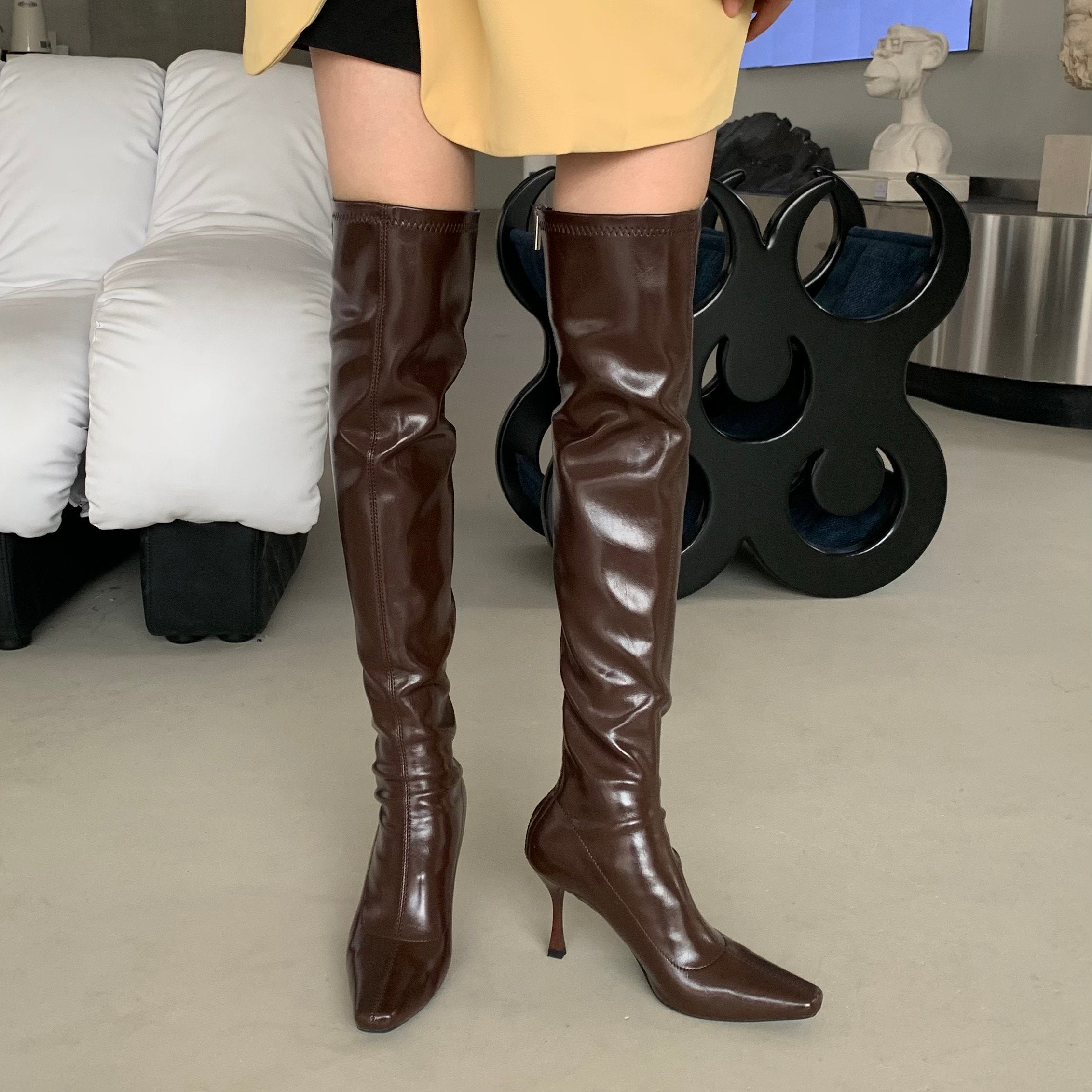 Shiny Leather Pointed Toe Stiletto Over-the-knee Boots Newgew